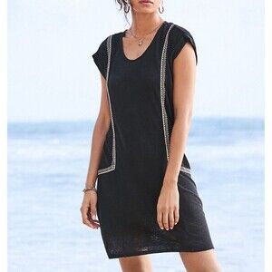Garnet Hill Organic Linen Black Embroidered Beach Dress Womens Large Lightweight